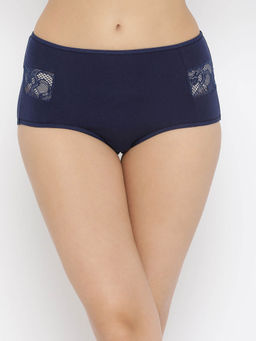 Clovia - Cotton High Waist Hipster Panty With Lace Inserts - Navy Blue