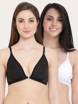 Clovia - Pack of 2 Cotton Rich Non-Padded Front Open Plunge Bra - Multi-Color