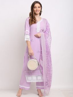 Rajnandini - Womens Pure Cambric Cotton Embroidered Kurta with Dupatta Purple (Set of 3)