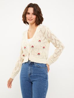 LC WAIKIKI - Ecru V-neck Embroidered Long Sleeve Women's Knitwear Cardigan