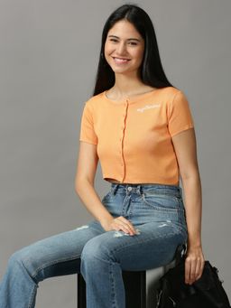 SHOWOFFFF - Women's Round Neck Fitted Solid Orange Crop Top