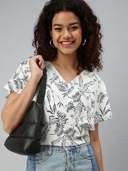 SHOWOFFFF - Women White Printed V-Neck Crop Top