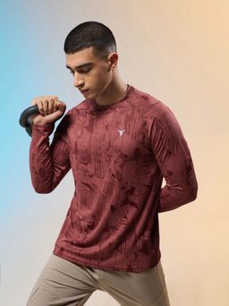 Technosport - Men Jacquard Slim Fit Round Neck Sports T-Shirt-Brown
