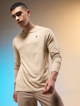 Technosport - Men Jacquard Slim Fit Round Neck Sports T-Shirt-Beige