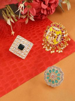 Zaveri Pearls - Set of 3 Multicolor Meenakari Bridal Kundan Rings-ZPFK14515