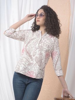 CRIMSOUNE CLUB - Women White Floral Print Mandarin Neck Top