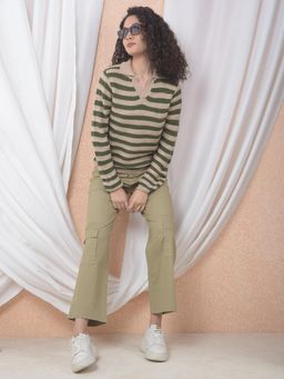 CRIMSOUNE CLUB - Olive & Beige Horizontal Stripes Sweater