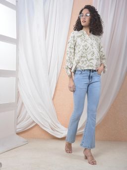 CRIMSOUNE CLUB - Green Mandarin Neck Floral Three Fourth Sleeves Top