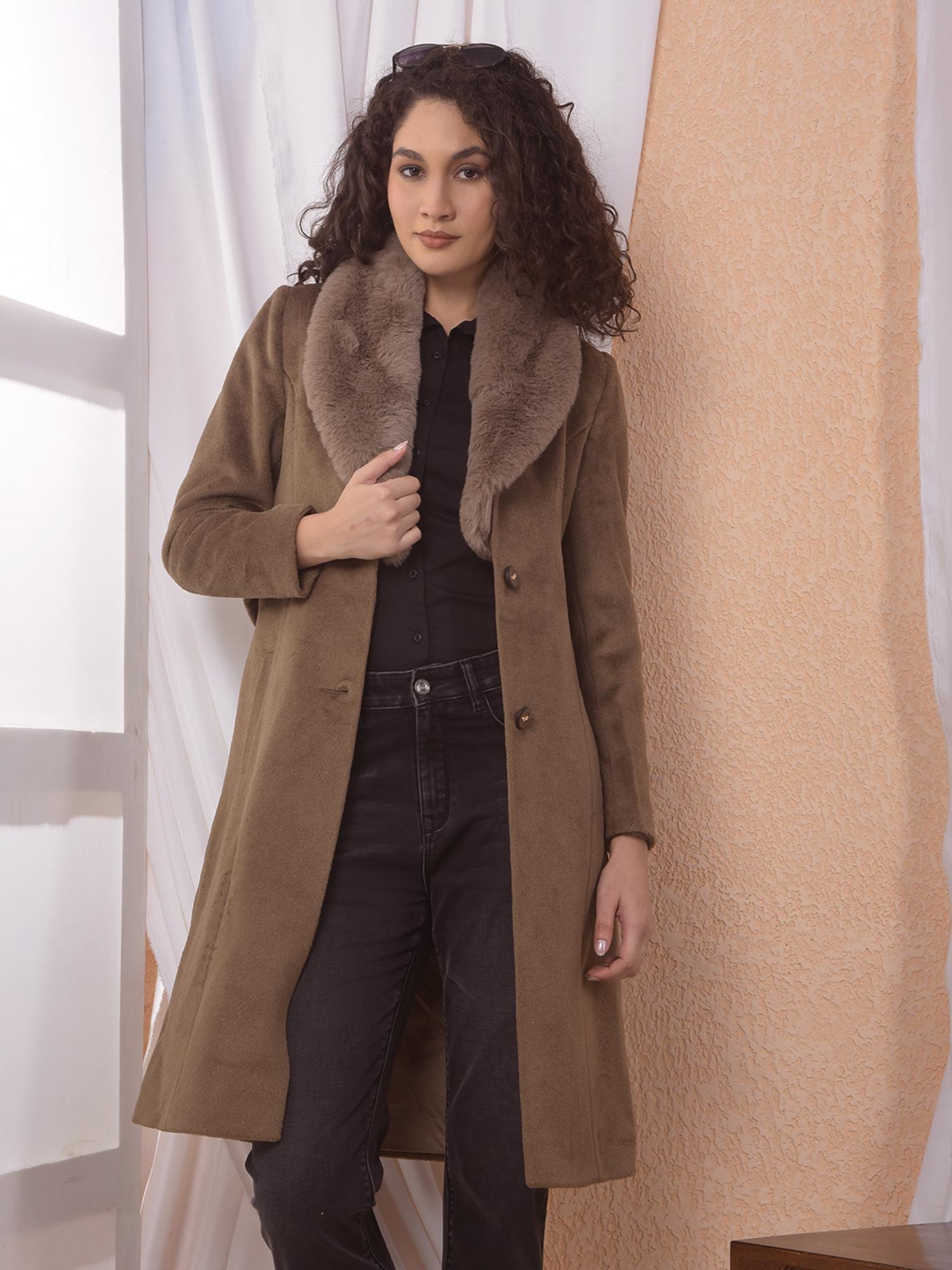 crimsoune club Women Taupe Notched Lapel Overcoat with Belt-picture-28