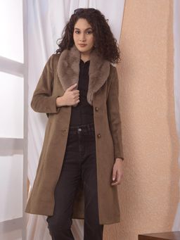CRIMSOUNE CLUB - Women Taupe Notched Lapel Overcoat with Belt