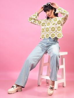 CRIMSOUNE CLUB - Women's Green Embroidered Crochet Top