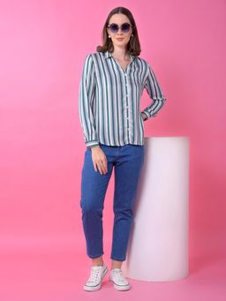 CRIMSOUNE CLUB - Women Green Vertical Stripes Pure Modal Shirt