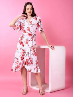 CRIMSOUNE CLUB - Womens Off White Floral Print V-Neck Linen Dress