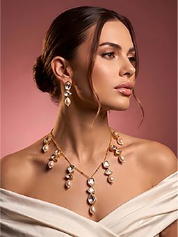 ADIVA - 1 Gram Gold Plated Polki Kundan AD Stone Pearl Drop Graceful Statement Necklace Set