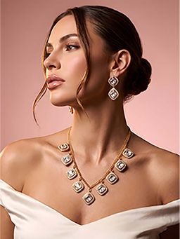 ADIVA - 1 Gram Gold Plated Polki Kundan AD Stone Classic Statement Square Necklace Set
