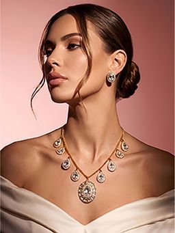 ADIVA - 1 Gram Gold Plated Polki Kundan AD Stone Round Statement Pendant Necklace Set