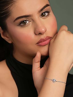 CLARA - 925 Silver Platinum Plated Zilvia Heart Solitaire Adjustable Chain Bracelet