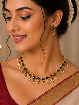 Mystic - Green Kundan Pearl Drop Choker Necklace Set | Grand Ethnic Occasion Wear