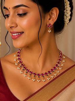 Mystic - Gold Plated Ruby Kundan Pearl Drop Necklace Set | Festive Bridal Jewellery