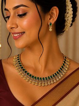 Mystic - Gold Plated Green Oval Kundan Necklace Set | Grand Occasion Jewellery for Women