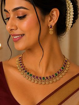 Mystic - Gold Plated Ruby and Green Kundan Necklace Set | Sophisticated Festive Look