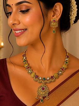 Mystic - Gold Plated Matt Finish Multicolor Temple Necklace Set | Traditional Party Wear