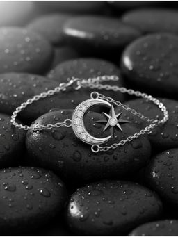 Kicky and Perky - 925 Sterling Silver Rhodium Plated Moissanite Moon and Star Chain Bracelet
