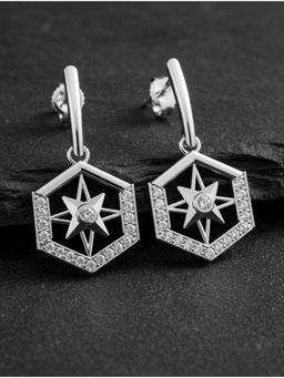 Kicky and Perky - 925 Sterling Silver Rhodium Plated Celestial Hexagon Moissanite Drop Earrings