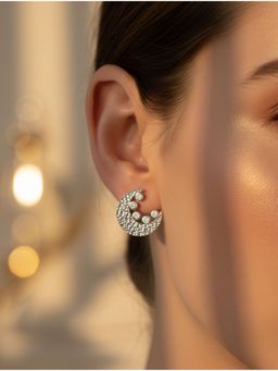 Kicky and Perky - 925 Sterling Silver Rhodium Plated Hammered Crescent Moon Moissanite Stud Earrings