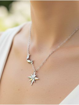 Kicky and Perky - 925 Sterling Silver Rhodium-Plated Moissanite Celestial North Star and Moon Necklace