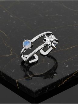 Kicky and Perky - 925 Silver Rhodium-Plated Rainbow Moonstone and Moissanite Adjustable Ring
