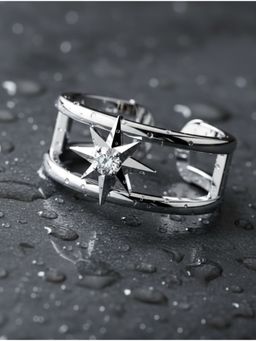 Kicky and Perky - 925 Sterling Silver Rhodium Plated Moissanite North Star Adjustable Ring