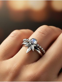 Kicky and Perky - 925 Sterling Silver Rhodium-Plated Moonstone Celestial Star Stackable Ring