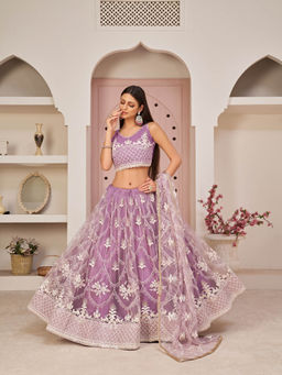 Odette - Purple Net Embroidered Semi Stitched Lehenga With Unstitched Blouse (Set of 3)