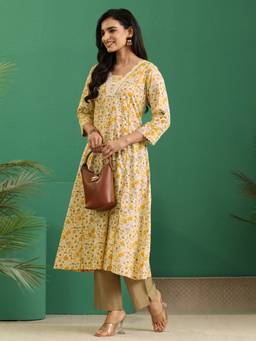 Libas - Beige Floral Cotton Kurta