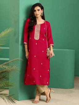 Libas - Red Embroidered Silk Blend Kurta