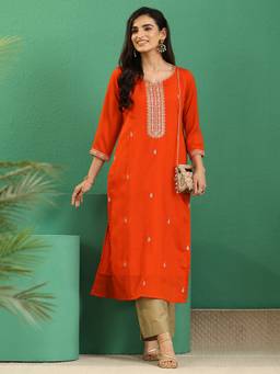 Libas - Orange Embroidered Silk Blend Kurta
