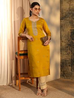 Libas - Mustard Embroidered Silk Blend Kurta