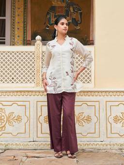 Tikhi Imli - Beige Floral Silk Blend Tunic and Palazzo