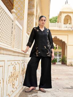 Tikhi Imli - Black Floral Silk Blend Kurti and Palazzo