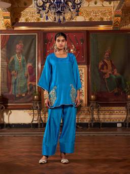 Tikhi Imli - Blue Embroidered Silk Blend Kurti and Palazzo