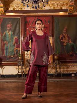 Tikhi Imli - Maroon Embroidered Silk Blend Kurti and Palazzo