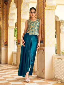 Tikhi Imli - Blue Floral Silk Blend Top and Skirt
