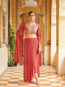 Tikhi Imli - Peach Printed Silk Blend Blouse and Skirt