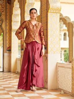 Tikhi Imli - Maroon Woven Silk Blend Top and Skirt