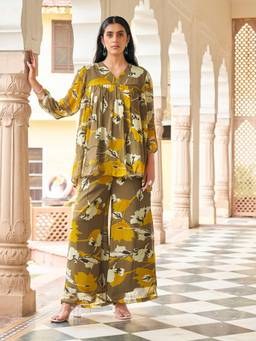 Tikhi Imli - Brown Floral Georgette Kurti and Palazzo