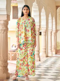 Tikhi Imli - Cream Floral Georgette Kurti and Palazzo