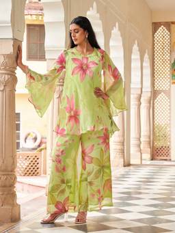 Tikhi Imli - Green Floral Georgette Kurti and Palazzo