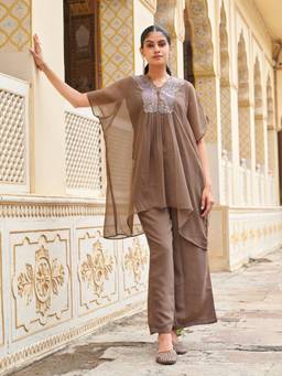 Tikhi Imli - Taupe Floral Georgette Kurti and Palazzo