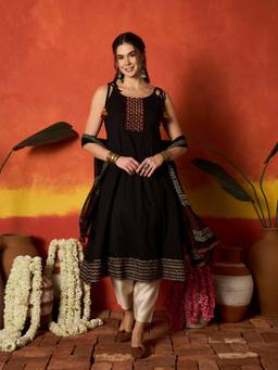Stylum - Black Embroidered Rayon Kurta and Dupatta